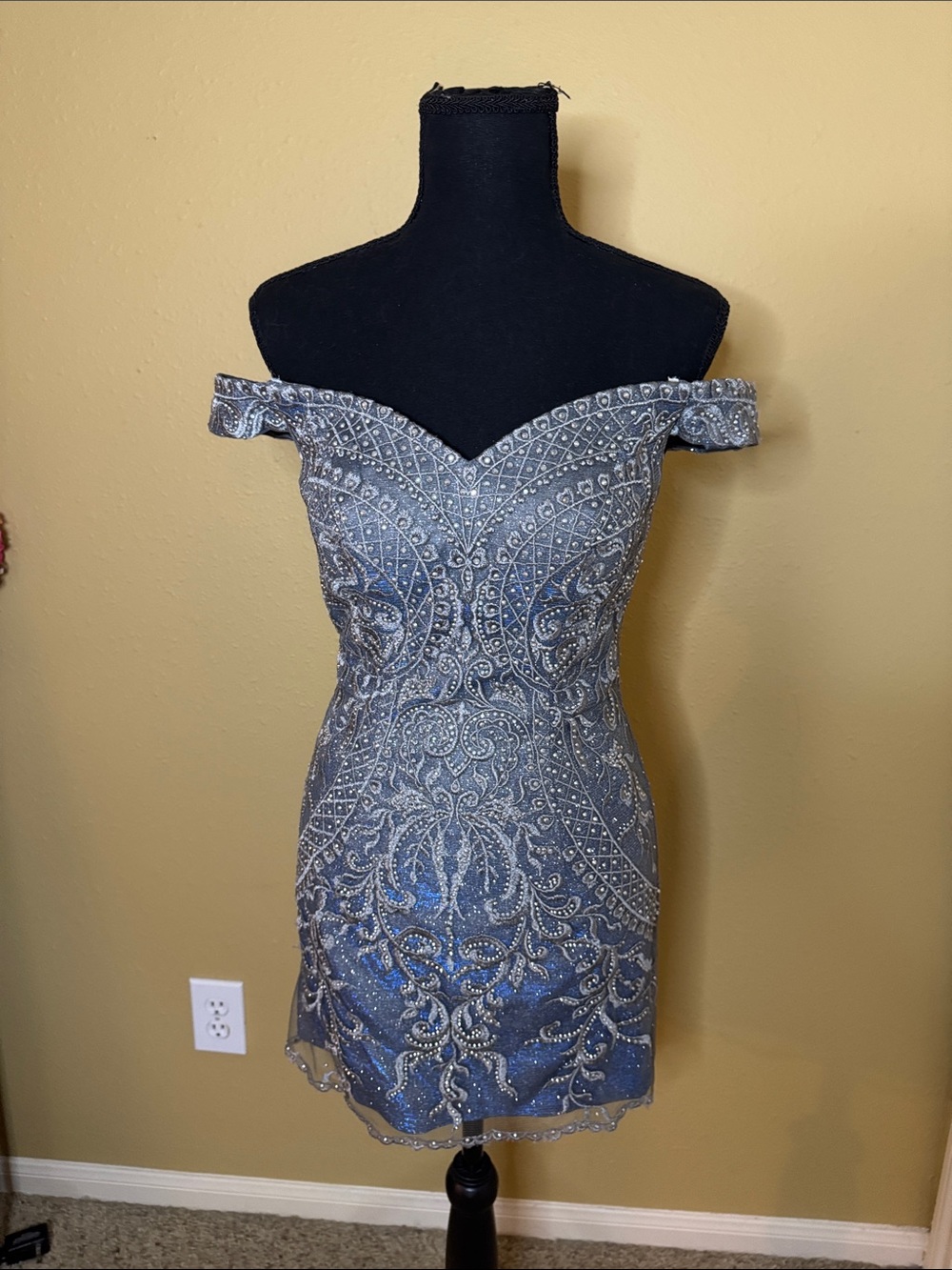 Camille La Vie Silver and Blue Off-Shoulder Beaded Cocktail Dress